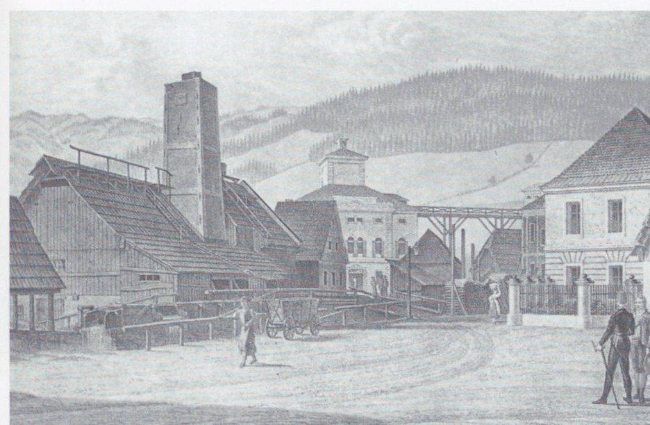 Zeitgenössische Ansicht: das Radwerk IV in der Mitte und das Radwerk V um 1848, beide in Betrieb